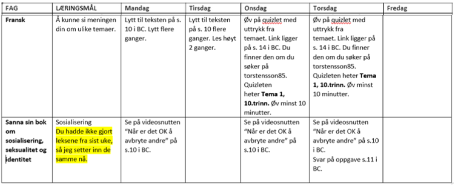 Bilde av eksempel på ukeplan for fransk.